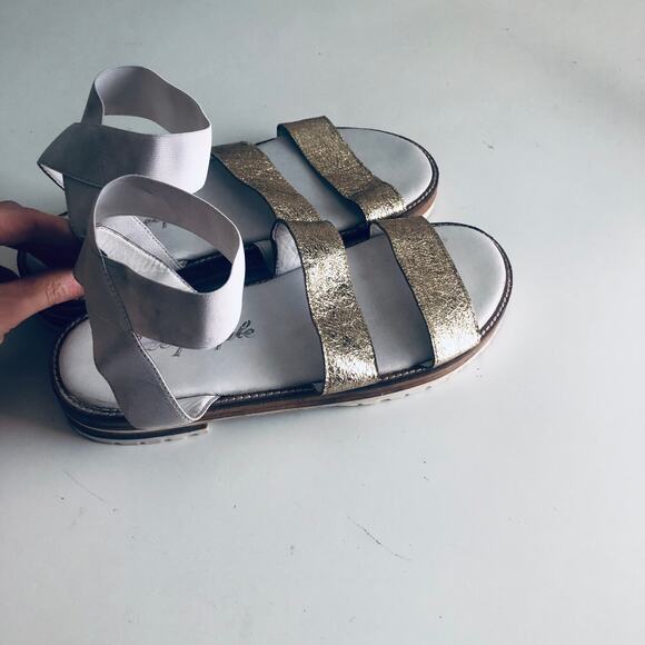 Free People Women's 10 Gold Leather Wood Platform Sole White Elastic Sandal - Picture 10 of 10